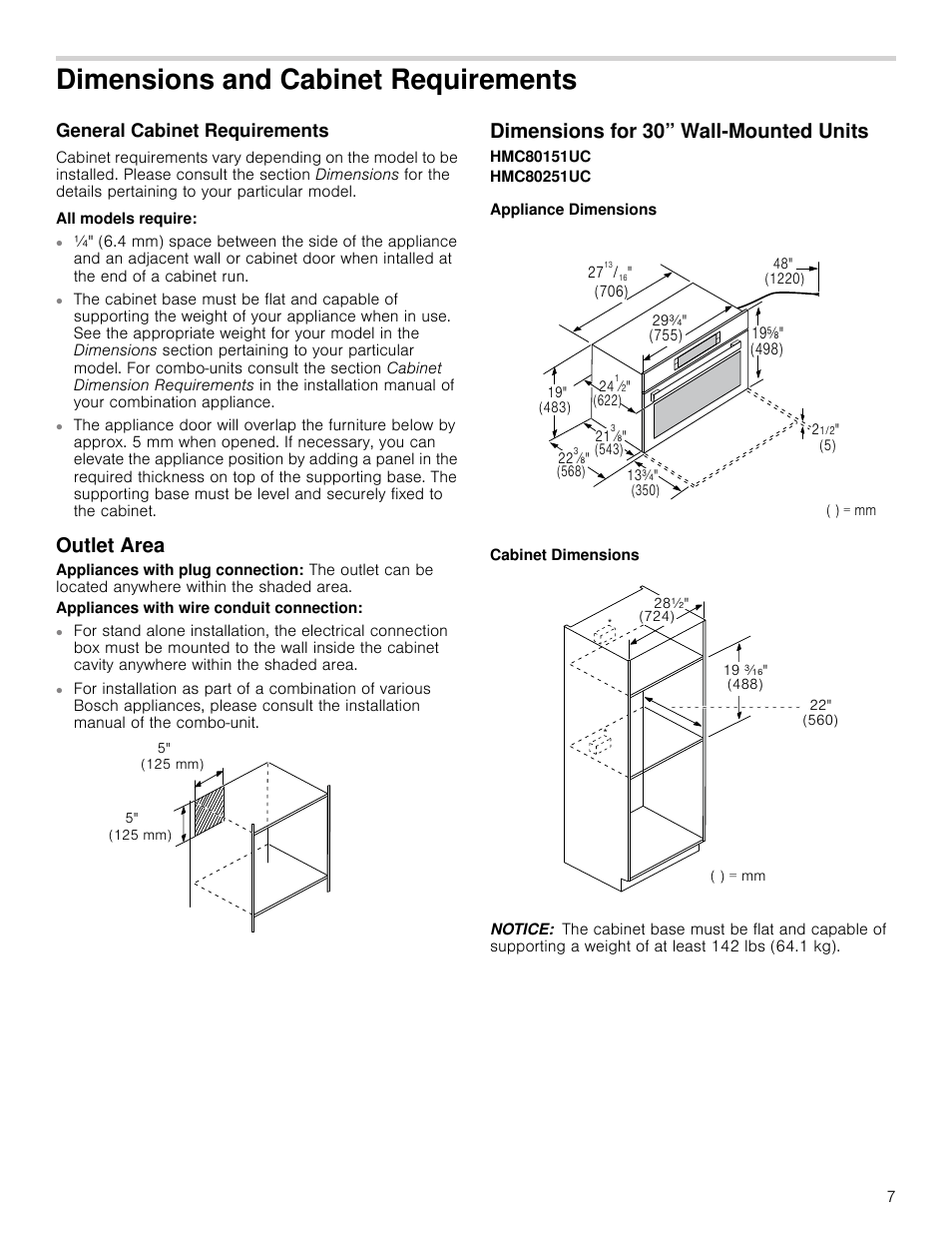 Dimensions and cabinet requirements, General cabinet requirements, All models require | Outlet area, Dimensions for 30” wall-mounted units, Appliance dimensions, Cabinet dimensions, Notice | Bosch HMC80251UC User Manual | Page 7 / 32