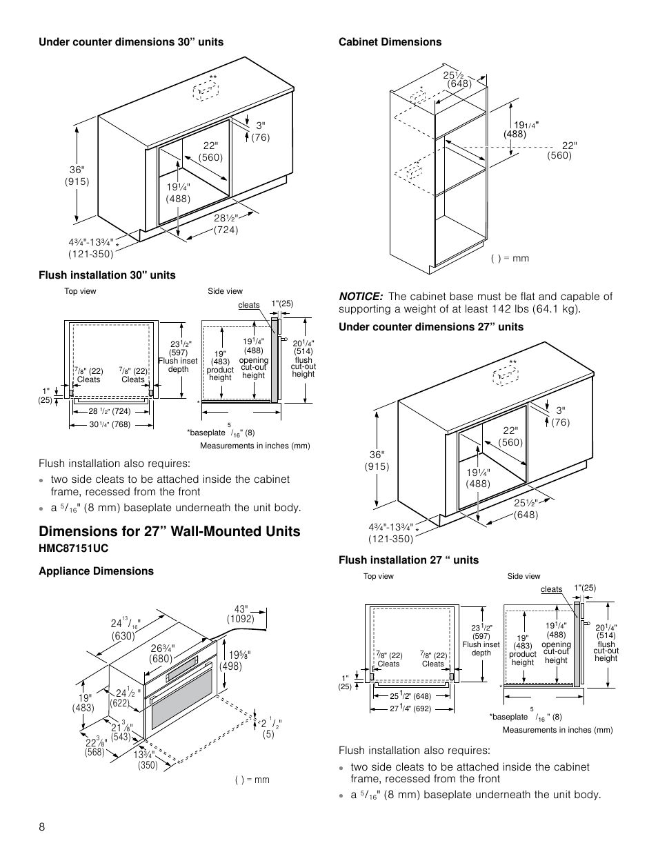Under counter dimensions 30” units, Flush installation 30" units, Dimensions for 27” wall-mounted units | Appliance dimensions, Cabinet dimensions, Notice, Under counter dimensions 27” units, Flush installation 27 “ units | Bosch HMC80251UC User Manual | Page 8 / 32