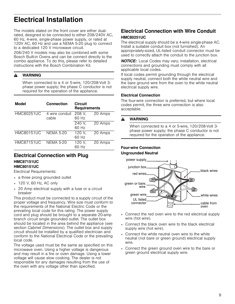 Electrical installation, 9 warning, Electrical connection with plug | Electrical connection with wire conduit, Notice, Electrical connection, Four-wire connection | Bosch HMC80251UC User Manual | Page 9 / 32
