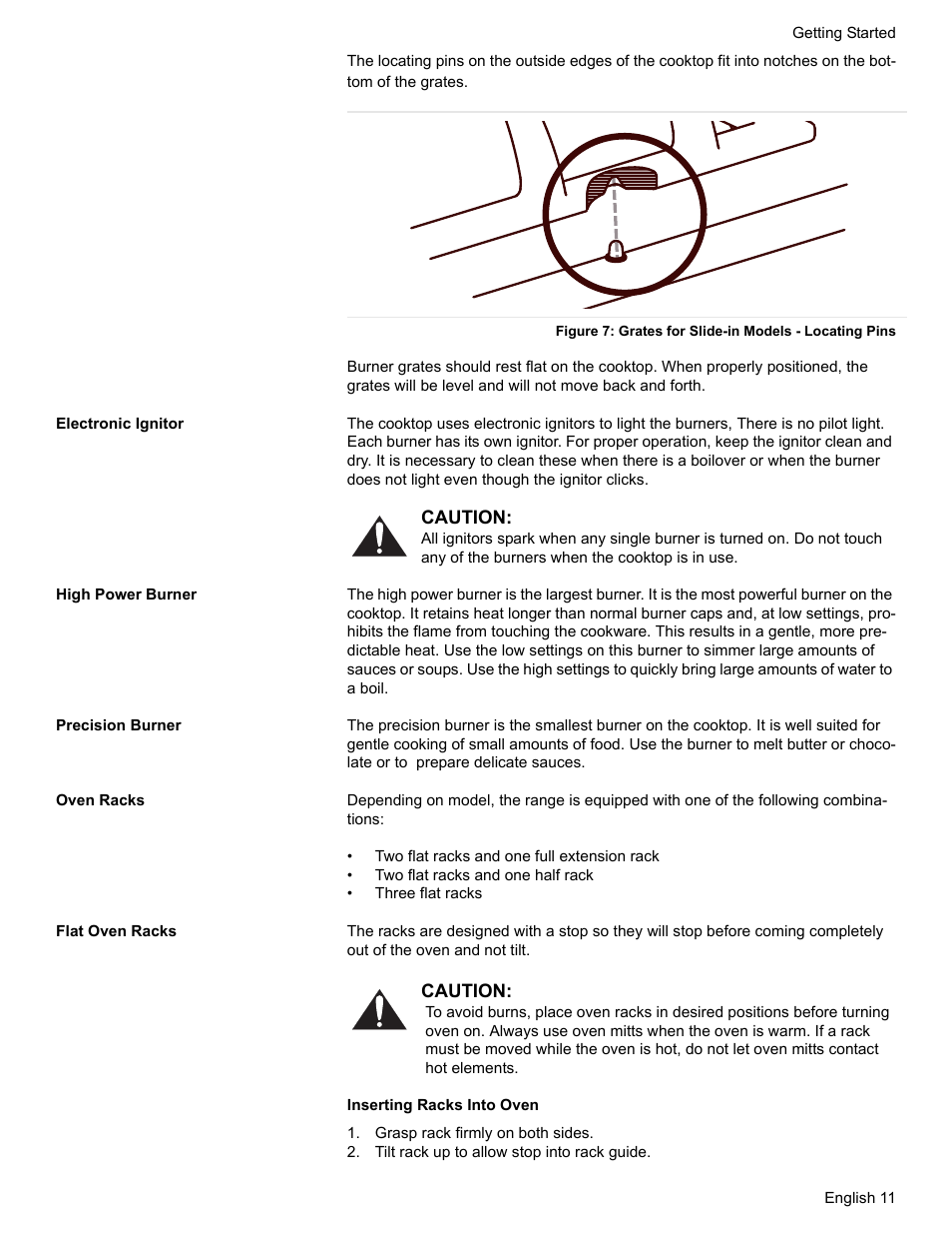 Electronic ignitor, High power burner, Precision burner | Oven racks, Flat oven racks, Grasp rack firmly on both sides, Tilt rack up to allow stop into rack guide | Bosch HDS7052U User Manual | Page 15 / 60
