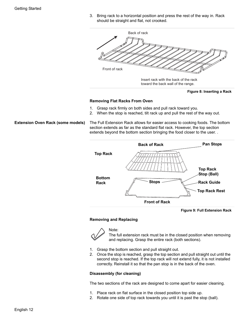 Figure 8: inserting a rack, Extension oven rack (some models), Figure 9: full extension rack | Grasp the bottom section and pull straight out | Bosch HDS7052U User Manual | Page 16 / 60