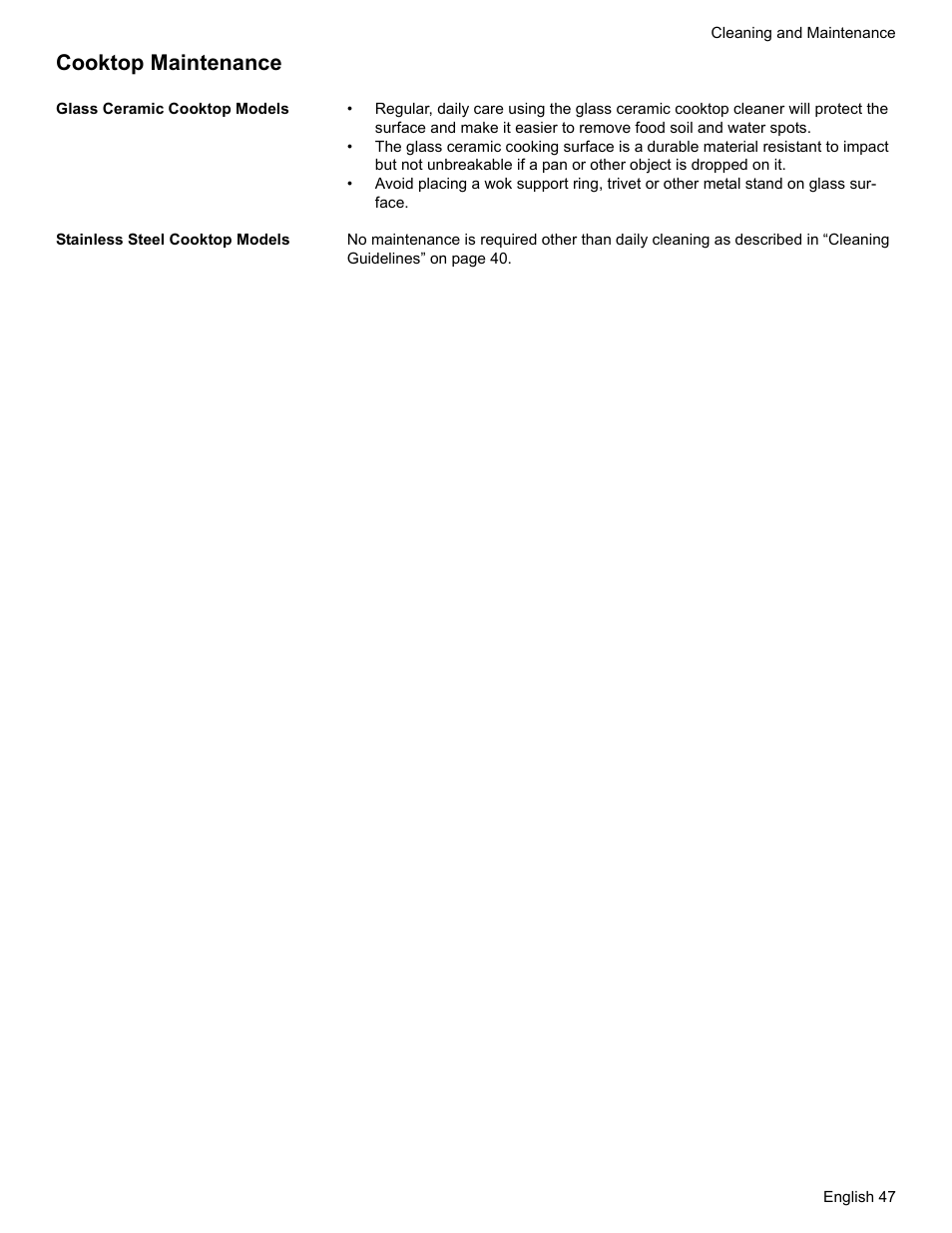 Cooktop maintenance, Glass ceramic cooktop models, Stainless steel cooktop models | Bosch HDS7052U User Manual | Page 51 / 60