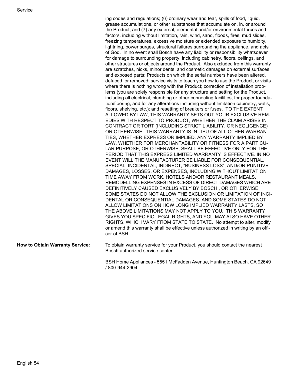 How to obtain warranty service | Bosch HDS7052U User Manual | Page 58 / 60
