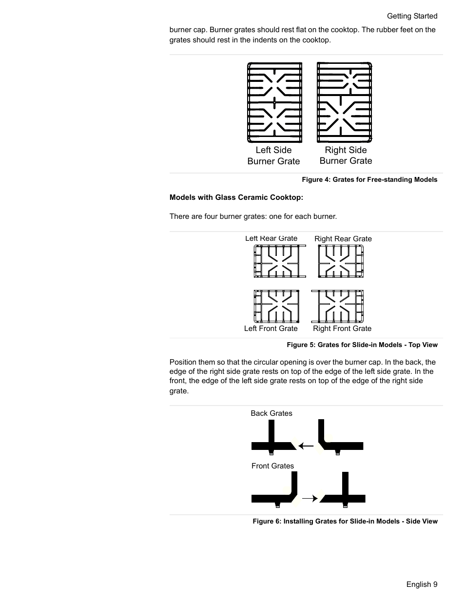 Figure 4: grates for free-standing models, Figure 5: grates for slide-in models - top view | Bosch HDI7282U User Manual | Page 11 / 56