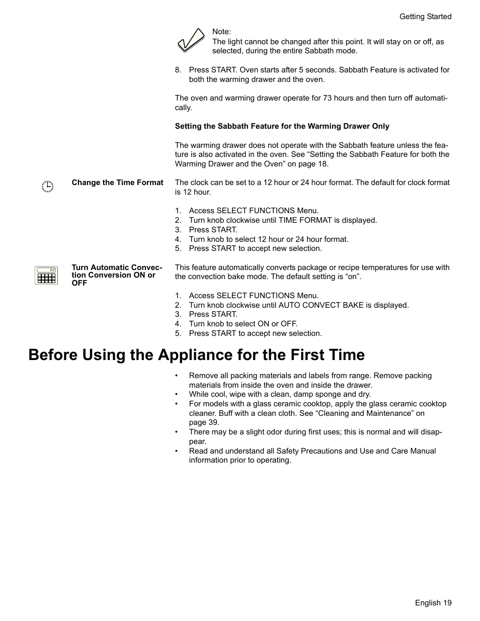 Change the time format, Access select functions menu, Turn knob clockwise until time format is displayed | Press start, Turn knob to select 12 hour or 24 hour format, Press start to accept new selection, Turn automatic convection conversion on or off, Turn knob to select on or off, Before using the appliance for the first time | Bosch HDI7282U User Manual | Page 21 / 56