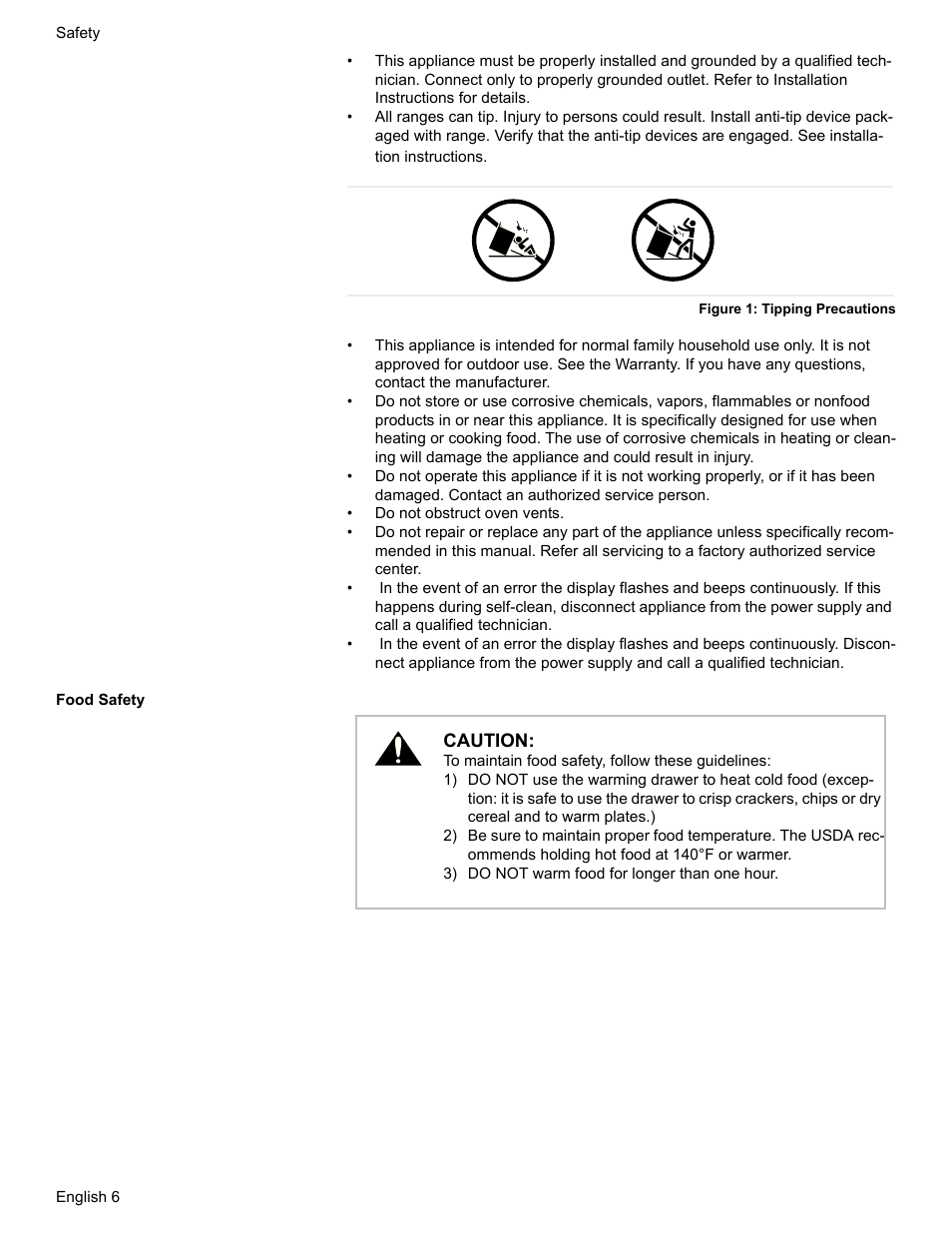 Figure 1: tipping precautions, Food safety | Bosch HDI7282U User Manual | Page 8 / 56
