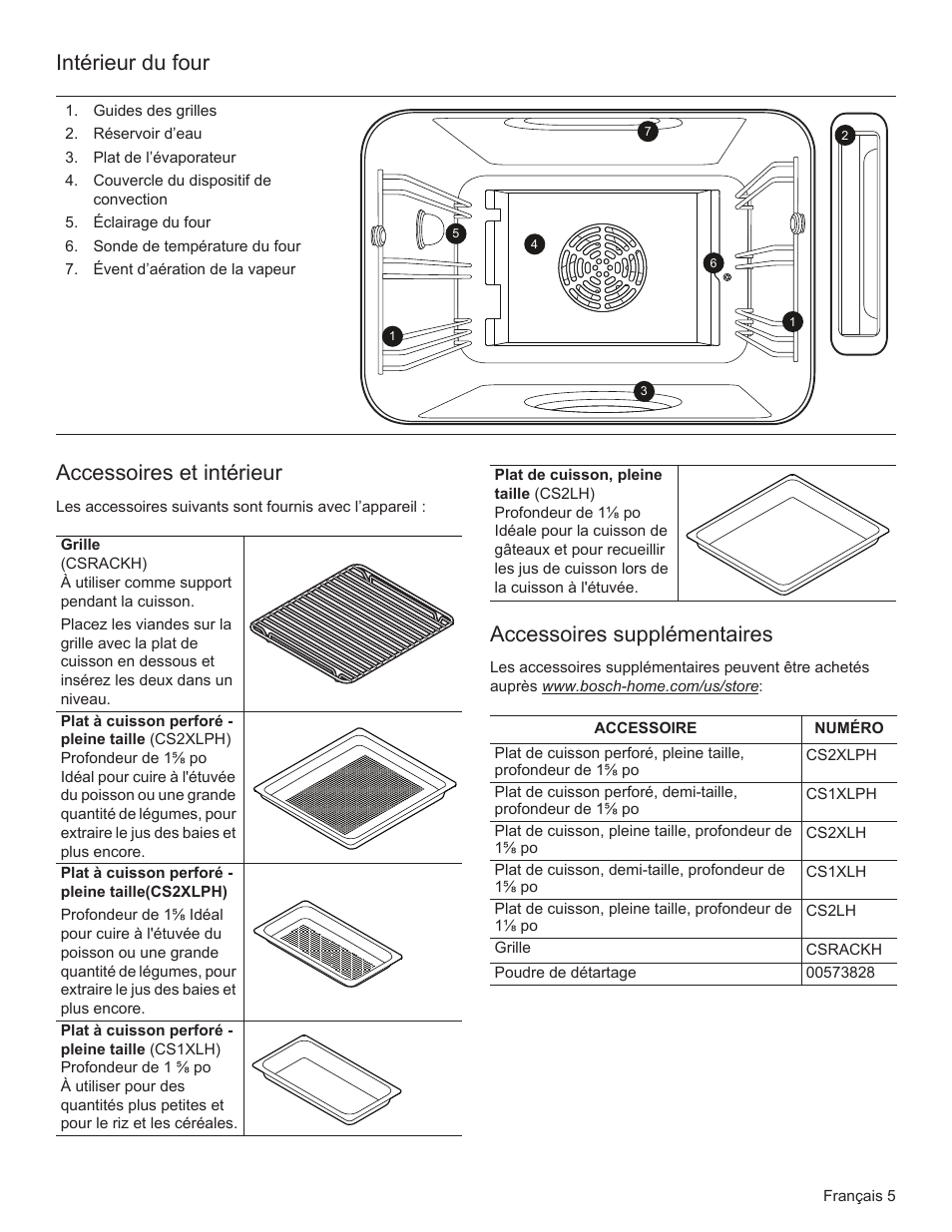 Intérieur du four, Accessoires et intérieur, Accessoires supplémentaires | Bosch HSLP451UC User Manual | Page 42 / 116