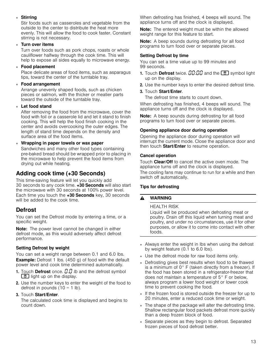 Stirring, Turn over items, Food placement | Food arrangement, Let food stand, Wrapping in paper towels or wax paper, Adding cook time (+30 seconds), Defrost, Note, Setting defrost by weight | Bosch HMV3062U User Manual | Page 13 / 52