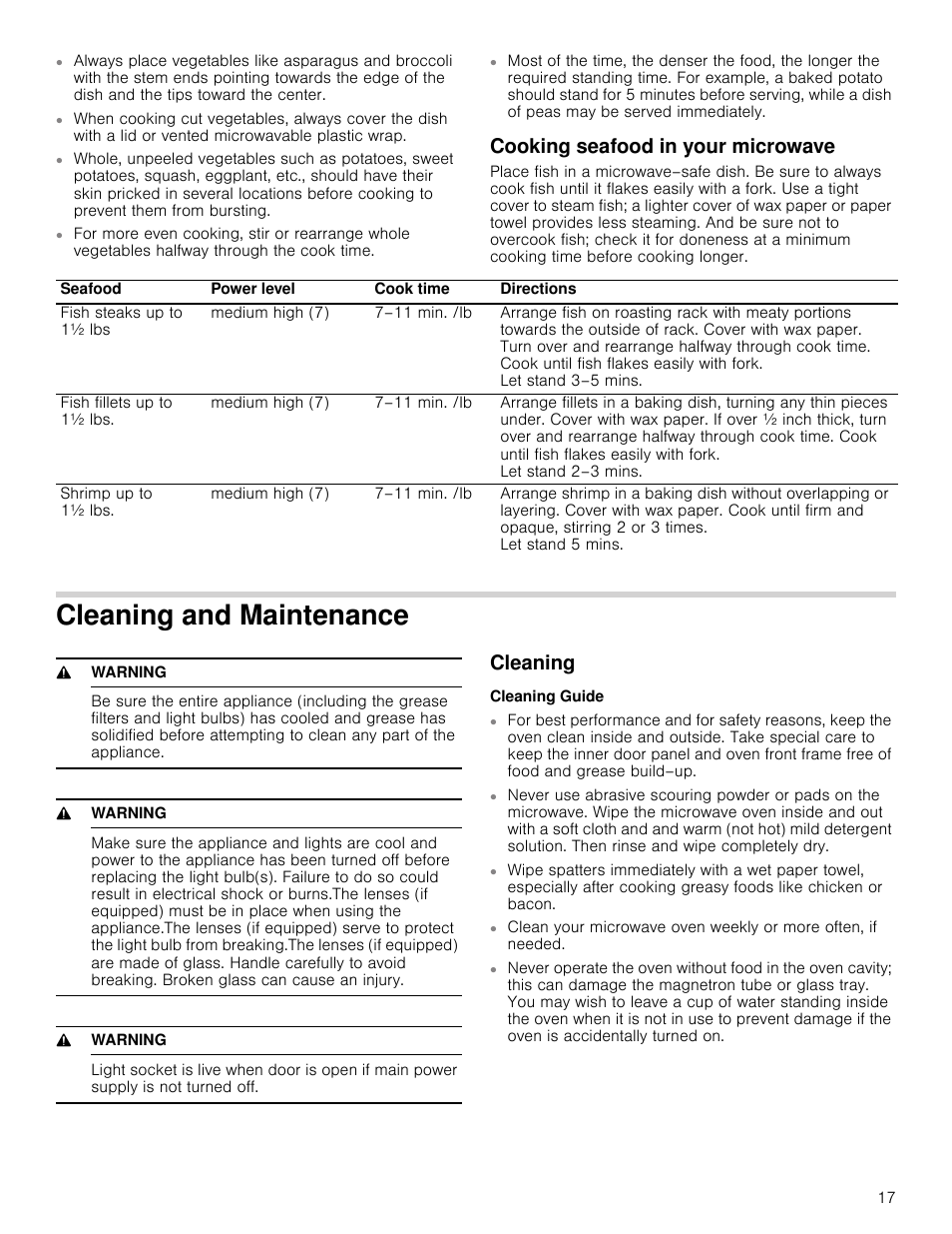 Cooking seafood in your microwave, Cleaning and maintenance, 9 warning | Cleaning, Cleaning guide | Bosch HMV3062U User Manual | Page 17 / 52