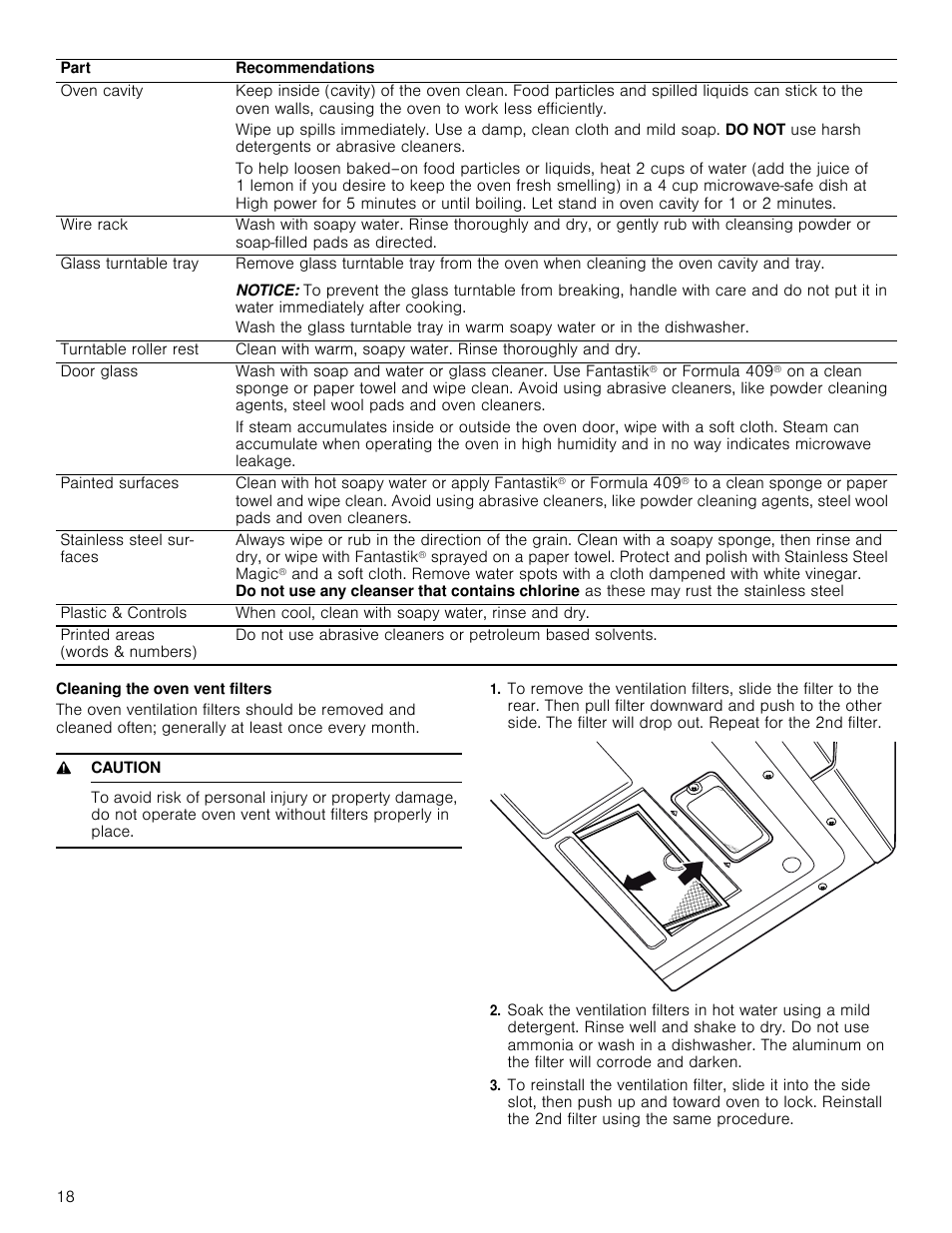 Cleaning the oven vent filters, 9 caution | Bosch HMV3062U User Manual | Page 18 / 52