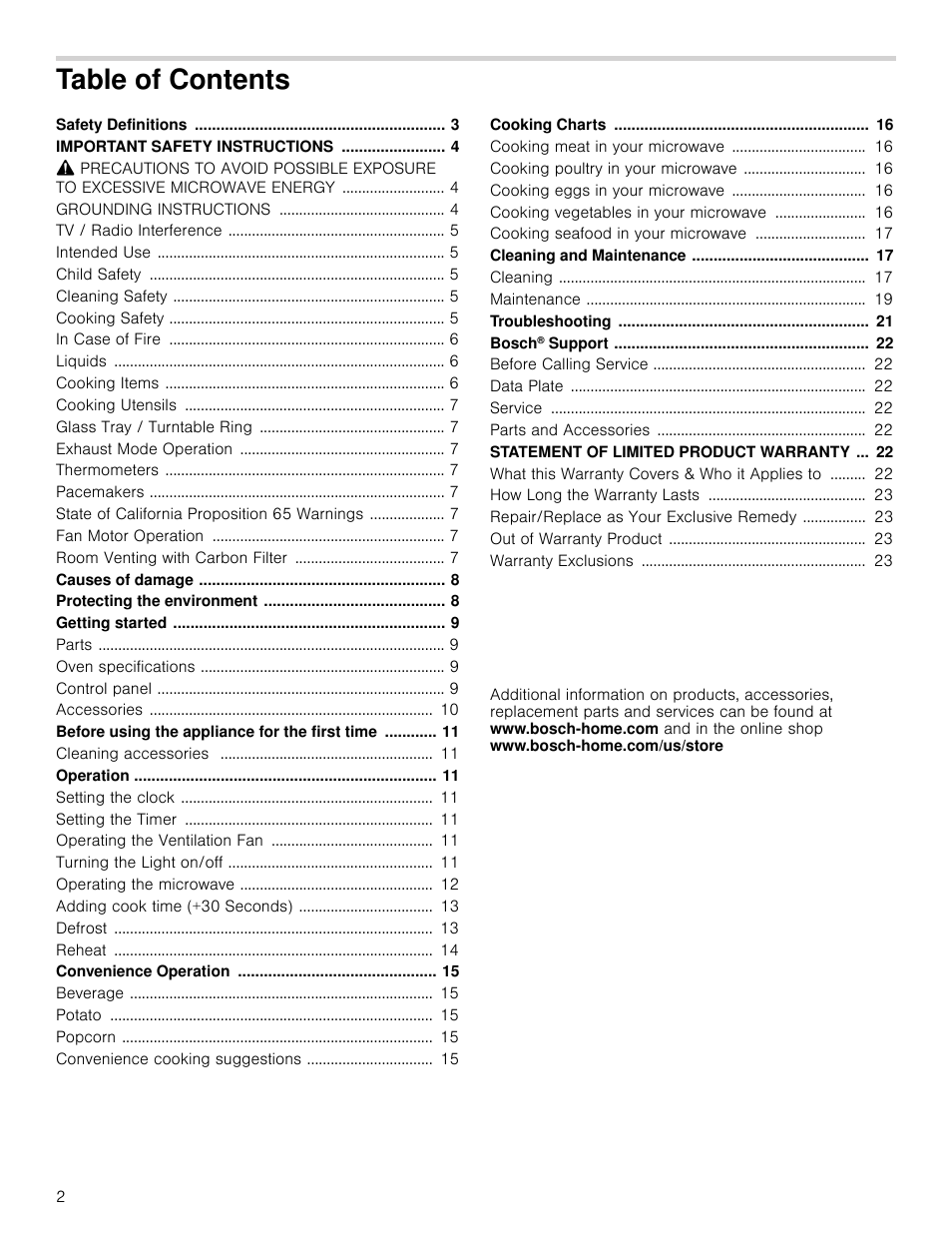 Table of contentsuse and care manual, Grounding instructions 4, Tv / radio interference 5 | Intended use 5, Child safety 5, Cleaning safety 5, Cooking safety 5, In case of fire 6, Liquids 6, Cooking items 6 | Bosch HMV3062U User Manual | Page 2 / 52