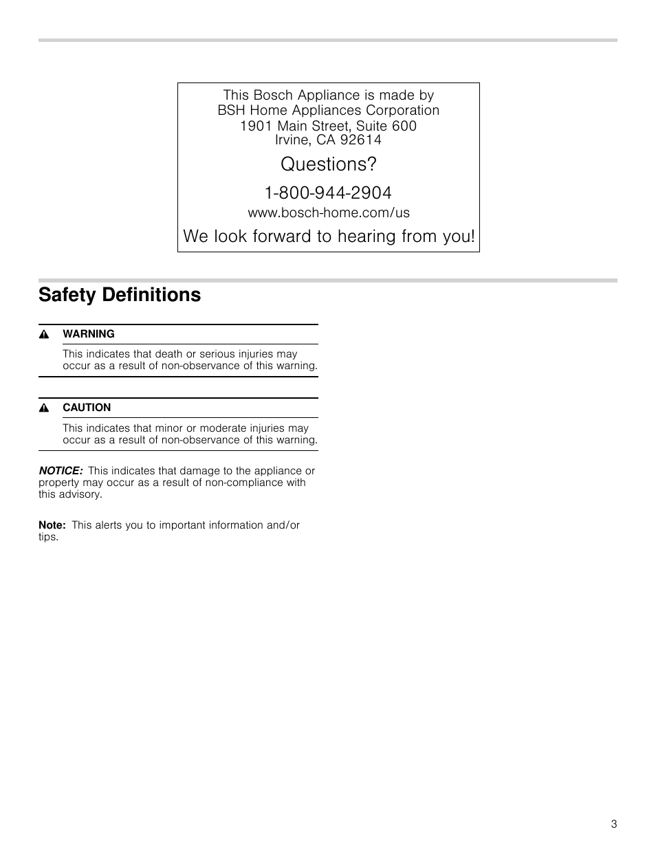 Safety definitions, 9 warning, 9 caution | Notice, Note, 4xhvwlrqv, Horrniruzdugwrkhdulqjiurp\rx | Bosch HMV3062U User Manual | Page 3 / 52