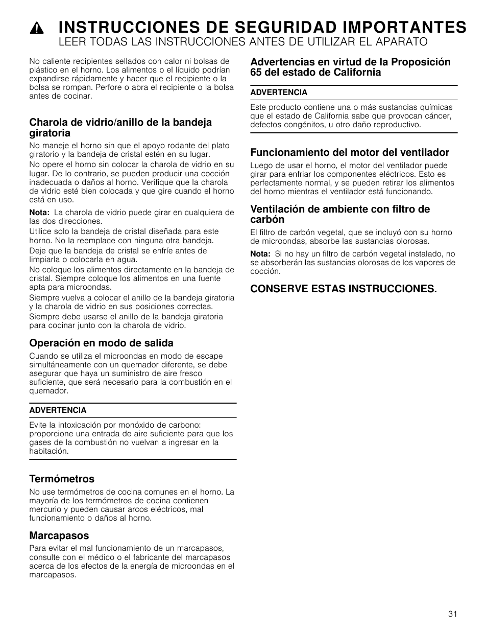 Charola de vidrio/anillo de la bandeja giratoria, Nota, Operación en modo de salida | Advertencia, Termómetros, Marcapasos, Funcionamiento del motor del ventilador, Ventilación de ambiente con filtro de carbón, Conserve estas instrucciones, Instrucciones de seguridad importantes | Bosch HMV3062U User Manual | Page 31 / 52