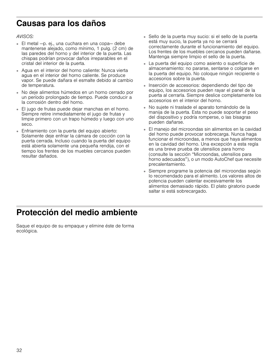 Causas para los daños, Avisos, Protección del medio ambiente | Bosch HMV3062U User Manual | Page 32 / 52