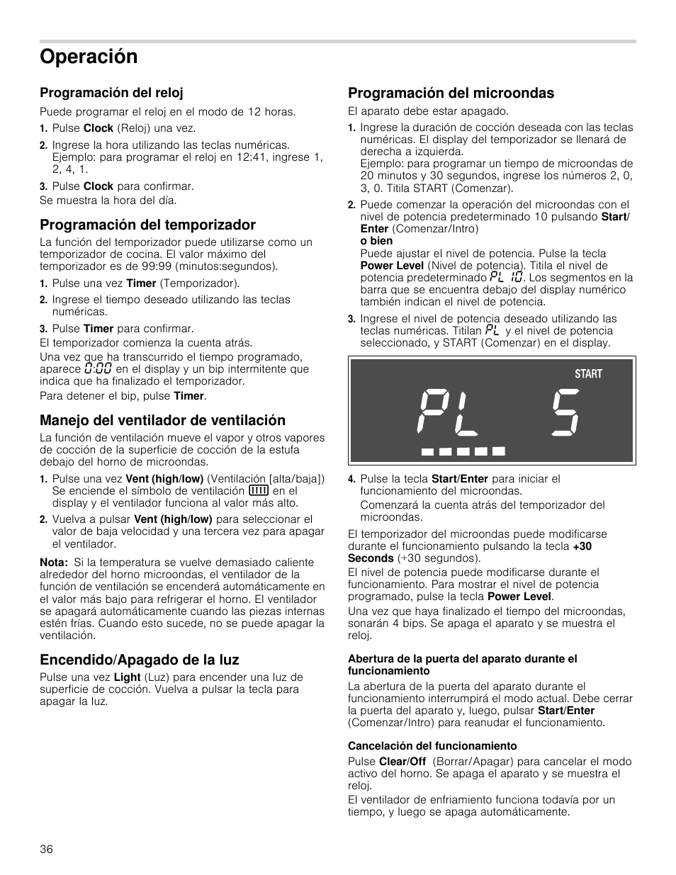 Operación, Programación del reloj, Puede programar el reloj en el modo de 12 horas | Pulse clock (reloj) una vez, Pulse clock para confirmar, Se muestra la hora del día, Programación del temporizador, Pulse una vez timer (temporizador), Pulse timer para confirmar, El temporizador comienza la cuenta atrás | Bosch HMV3062U User Manual | Page 36 / 52