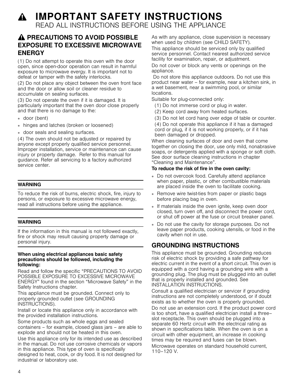 Important safety instructions, Read all instructions before using the appliance, Hinges and latches (broken or loosened) | Warning, Suitable for plug-connected only, 1) do not immerse cord or plug in water, 2) keep cord away from heated surfaces, To reduce the risk of fire in the oven cavity, Grounding instructions, Door (bent) | Bosch HMV3062U User Manual | Page 4 / 52
