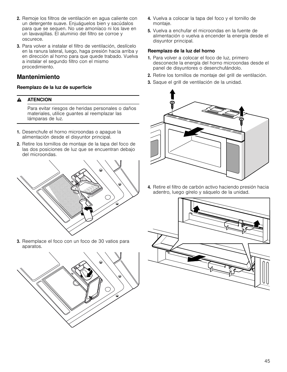 Mantenimiento, Reemplazo de la luz de superficie, 9 atencion | Reemplazo de la luz del horno, Saque el grill de ventilación de la unidad | Bosch HMV3062U User Manual | Page 45 / 52