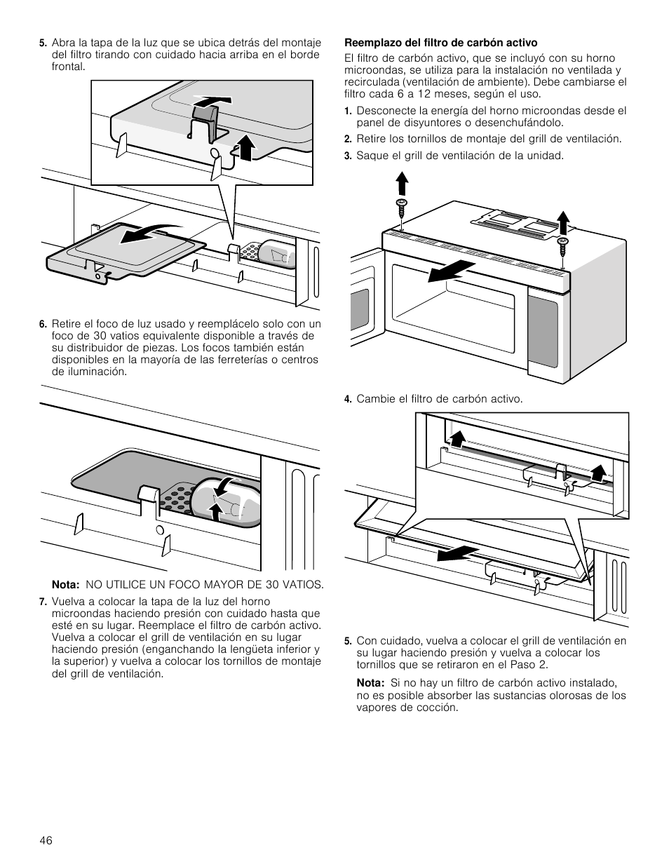 Nota, Reemplazo del filtro de carbón activo, Saque el grill de ventilación de la unidad | Cambie el filtro de carbón activo | Bosch HMV3062U User Manual | Page 46 / 52