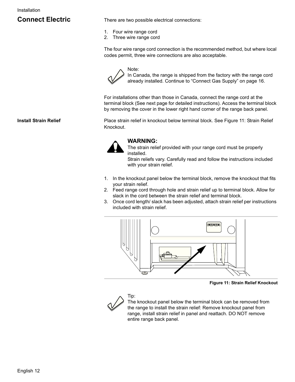 Connect electric, Four wire range cord, Three wire range cord | Install strain relief | Bosch HDI7282U User Manual | Page 14 / 80