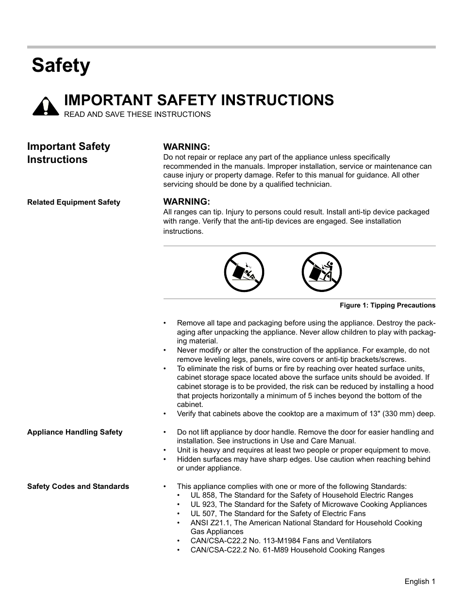 Important safety instructions, Related equipment safety, Appliance handling safety | Safety codes and standards, Safety | Bosch HDI7282U User Manual | Page 3 / 80