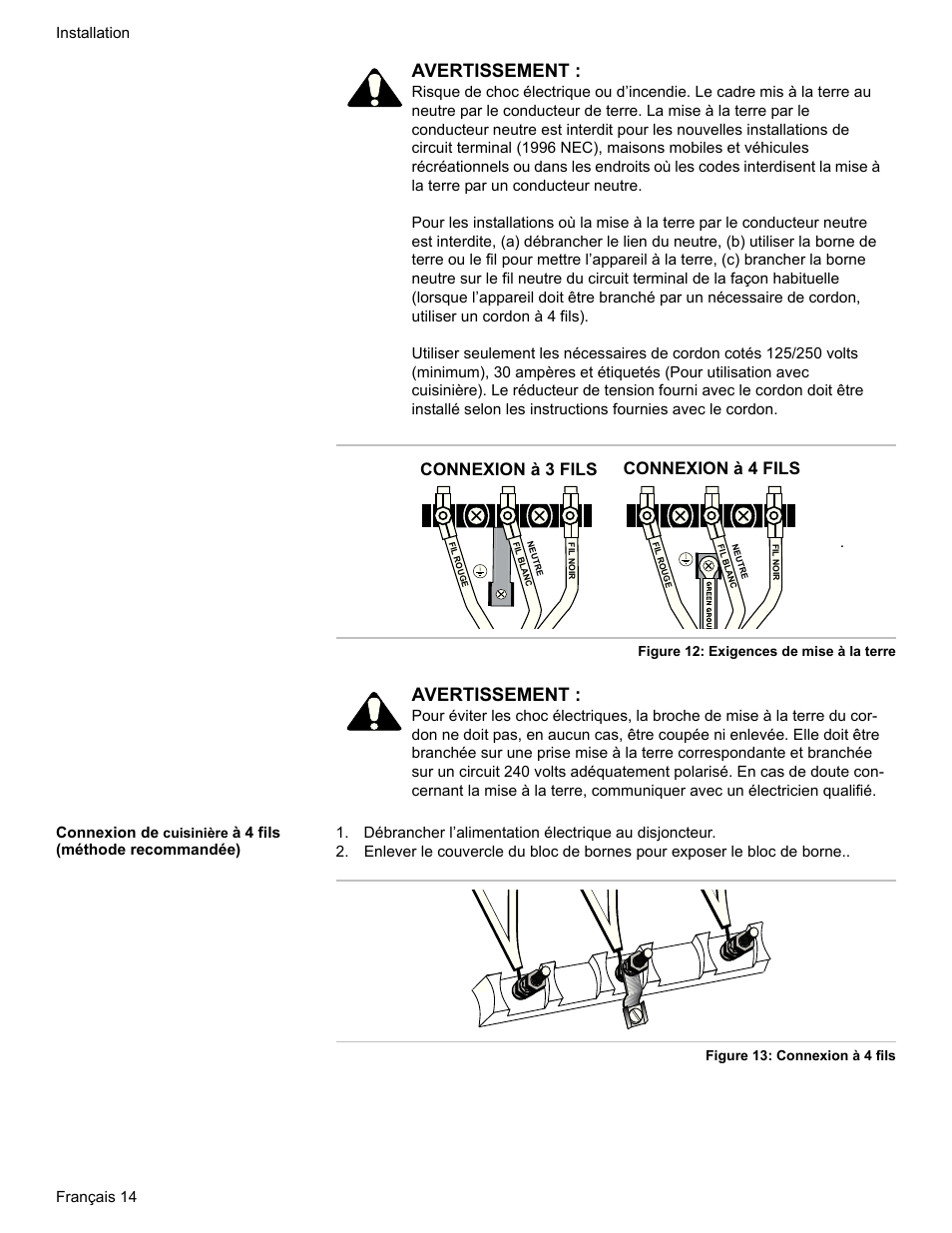 Avertissement, Connexion à 3 fils, Connexion à 4 fils | Bosch HDI7282U User Manual | Page 42 / 80