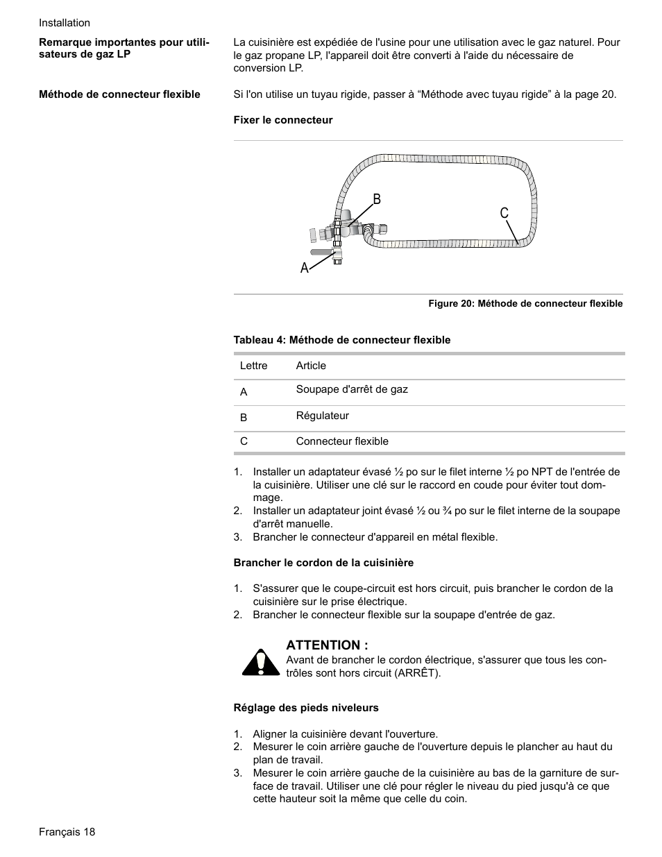 Remarque importantes pour utilisateurs de gaz lp, Méthode de connecteur flexible, Tableau 4: méthode de connecteur flexible | Aligner la cuisinière devant l'ouverture, Ab c | Bosch HDI7282U User Manual | Page 46 / 80