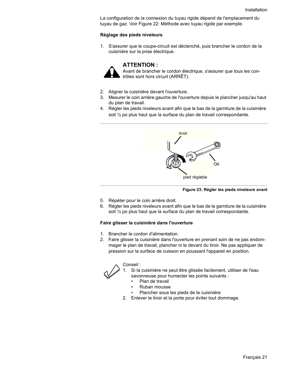 Aligner la cuisinière devant l'ouverture, Répéter pour le coin arrière droit, Brancher le cordon d'alimentation | Bosch HDI7282U User Manual | Page 49 / 80