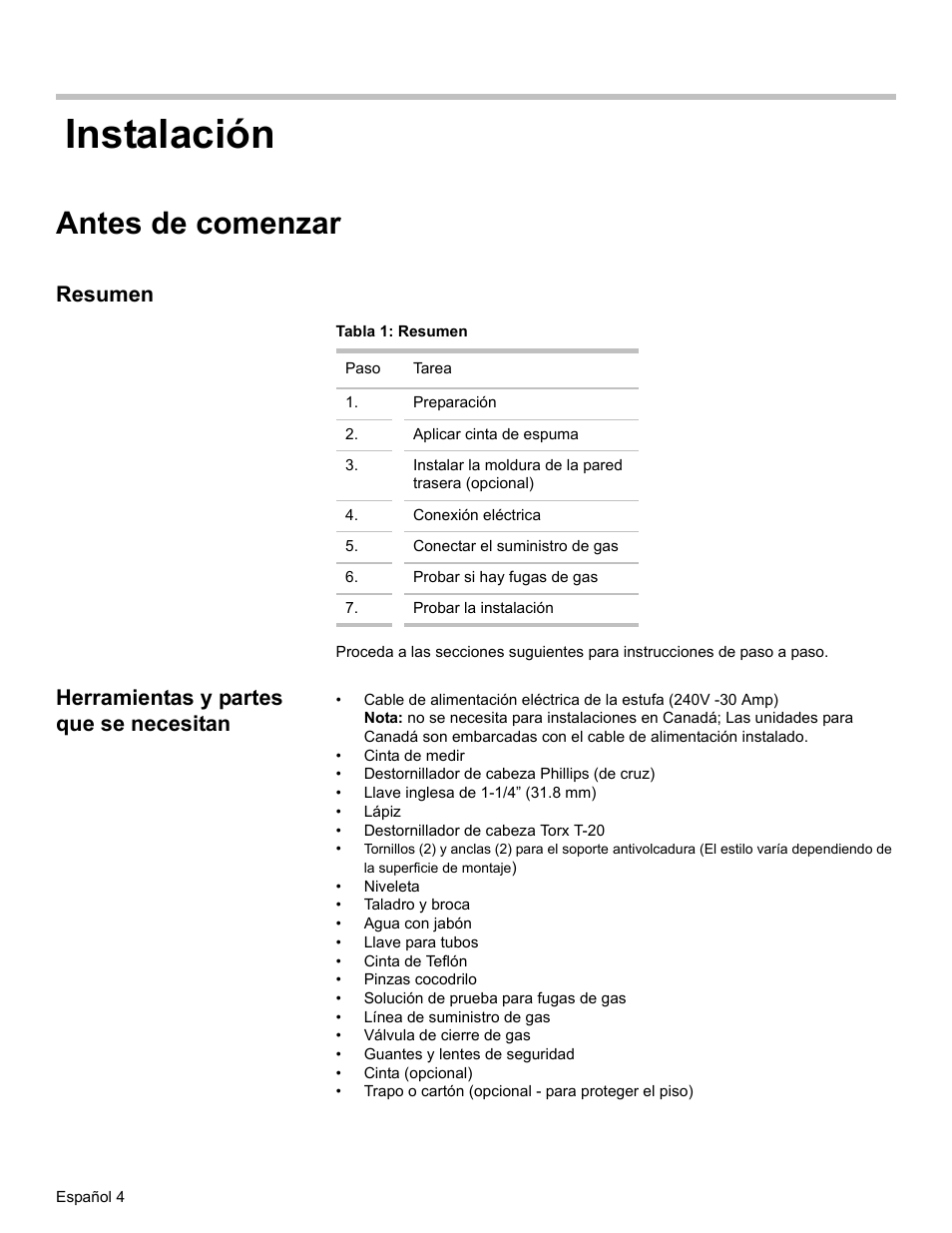 Antes de comenzar, Resumen, Tabla 1: resumen | Herramientas y partes que se necesitan, Instalación | Bosch HDI7282U User Manual | Page 58 / 80