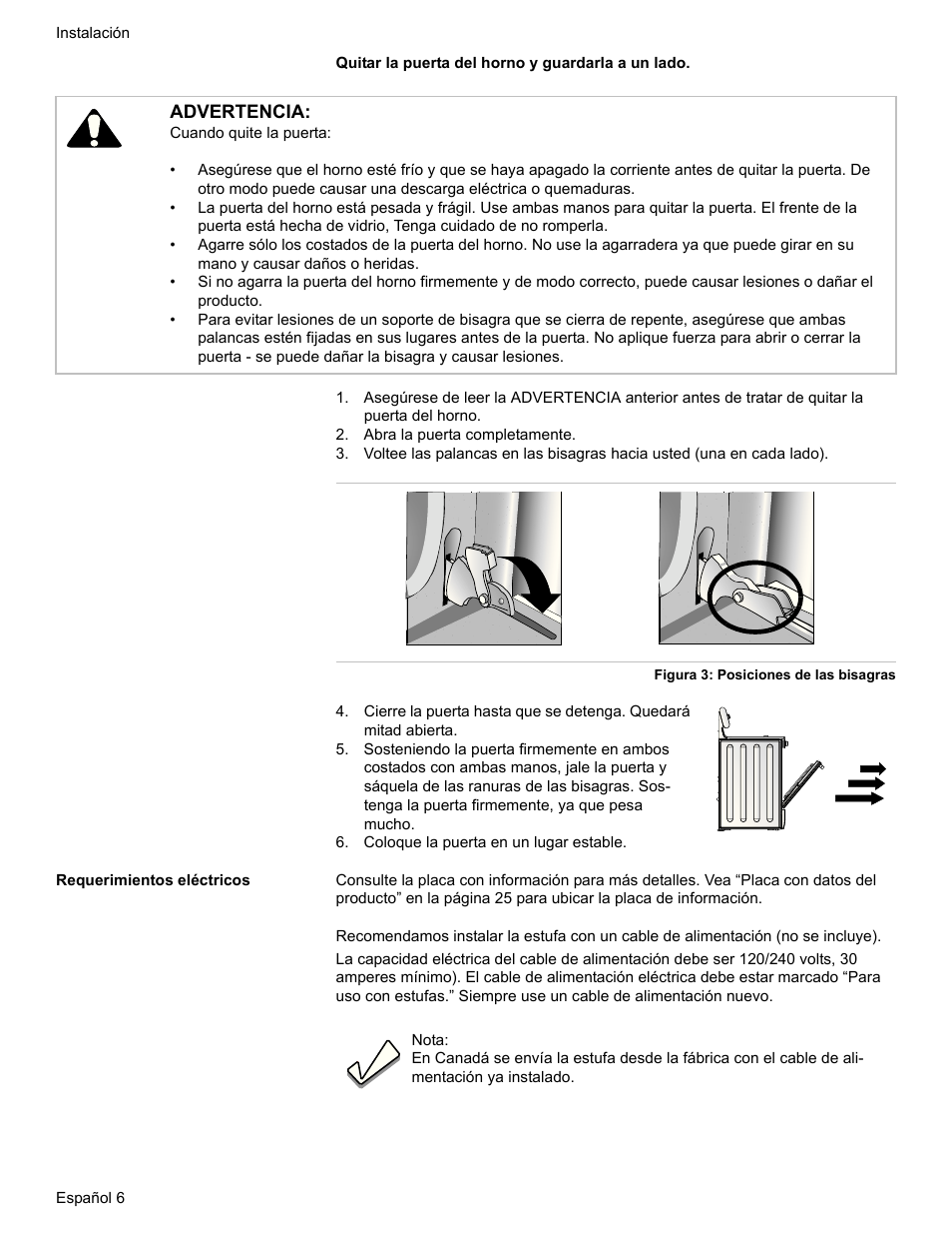 Abra la puerta completamente, Coloque la puerta en un lugar estable, Requerimientos eléctricos | Advertencia | Bosch HDI7282U User Manual | Page 60 / 80