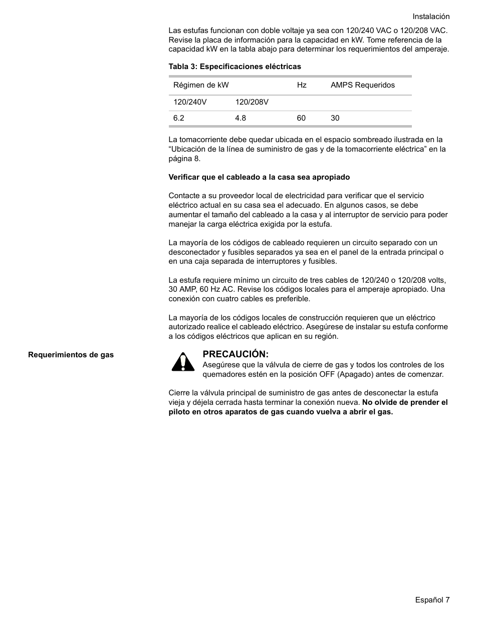 Tabla 3: especificaciones eléctricas, Requerimientos de gas | Bosch HDI7282U User Manual | Page 61 / 80