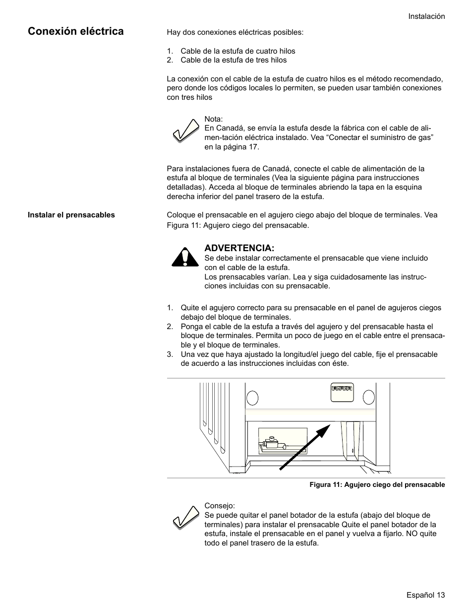 Conexión eléctrica, Cable de la estufa de cuatro hilos, Cable de la estufa de tres hilos | Instalar el prensacables | Bosch HDI7282U User Manual | Page 67 / 80