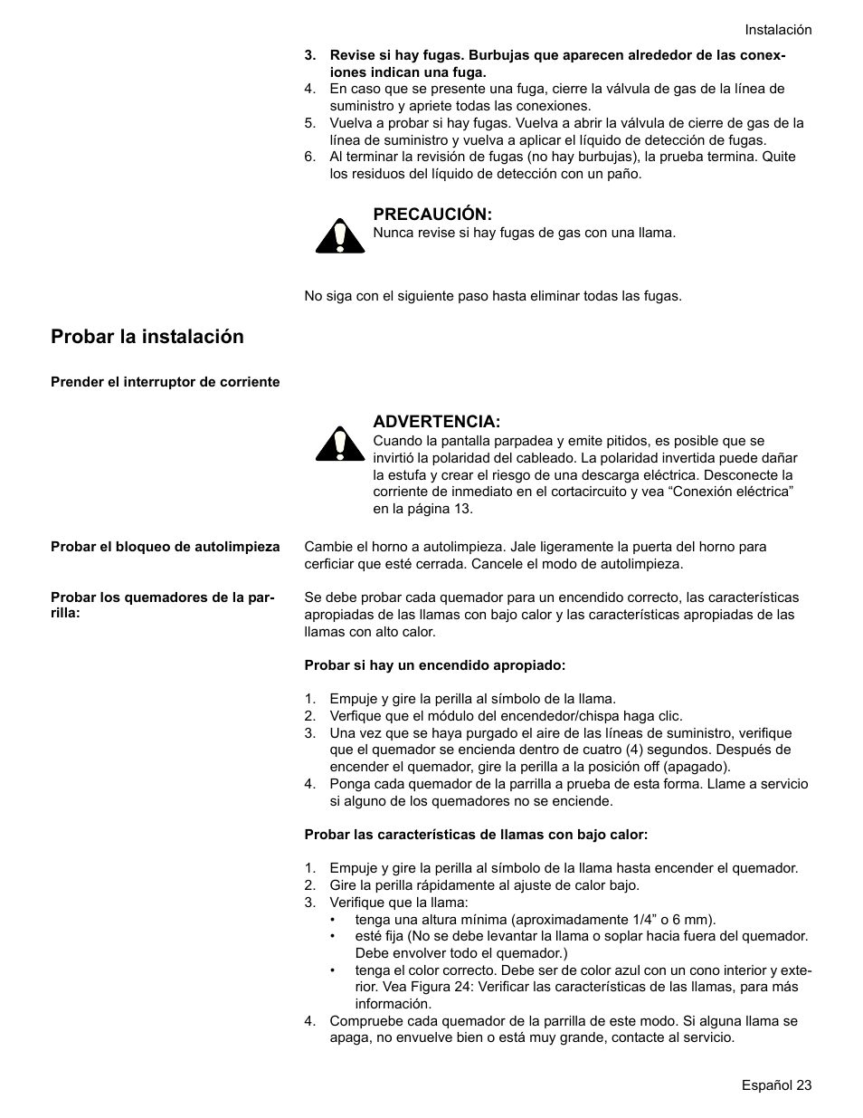 Probar la instalación, Prender el interruptor de corriente, Probar el bloqueo de autolimpieza | Probar los quemadores de la parrilla, Empuje y gire la perilla al símbolo de la llama, Verifique que la llama | Bosch HDI7282U User Manual | Page 77 / 80