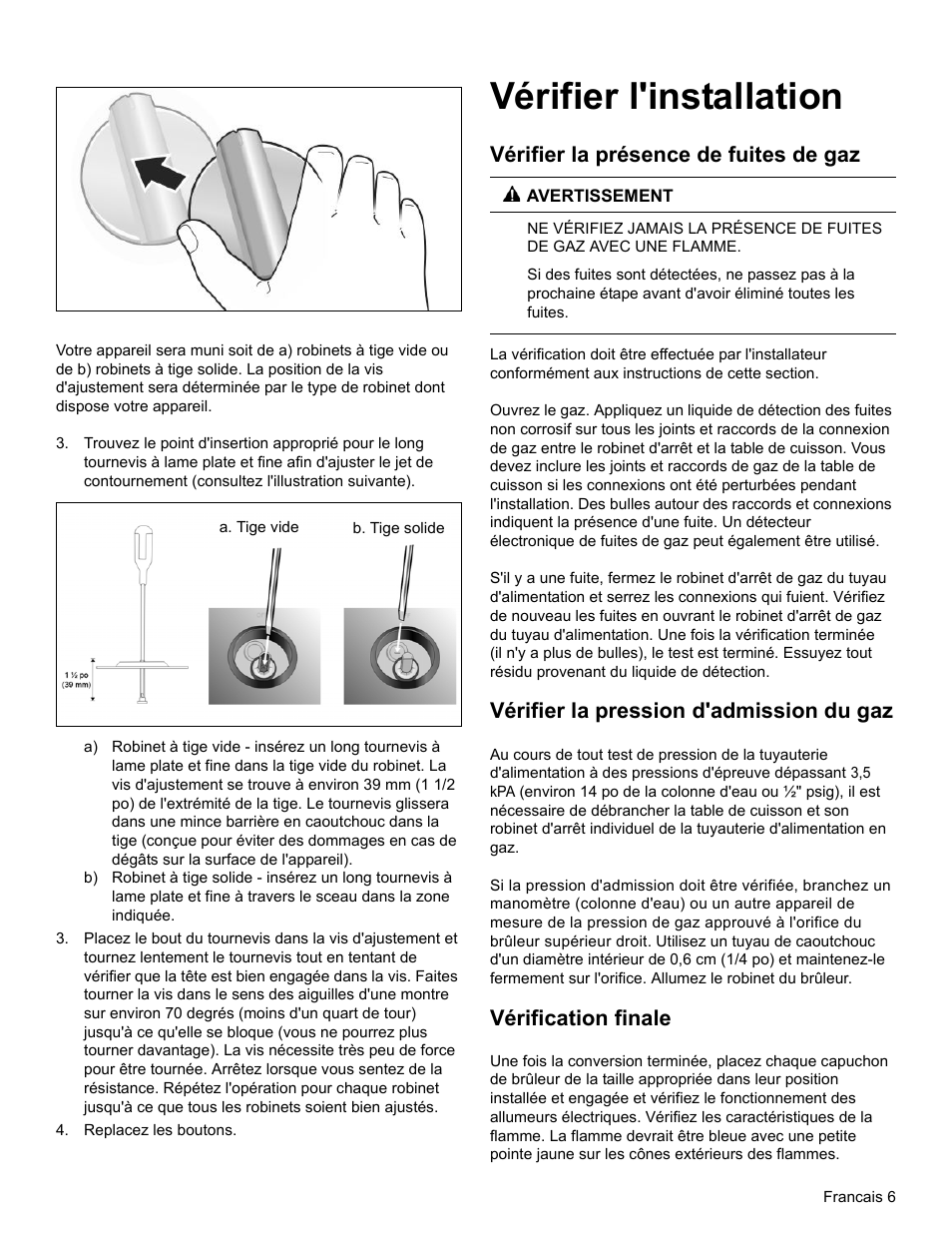 Vérifier l'installation, Vérifier la présence de fuites de gaz, Vérifier la pression d'admission du gaz | Vérification finale | Bosch NGM8055UC User Manual | Page 15 / 24