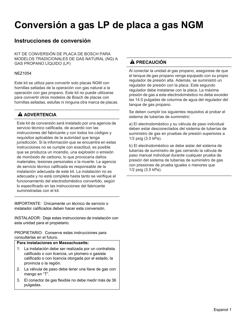Conversión a gas lp de placa a gas ngm, Instrucciones de conversión | Bosch NGM8055UC User Manual | Page 17 / 24