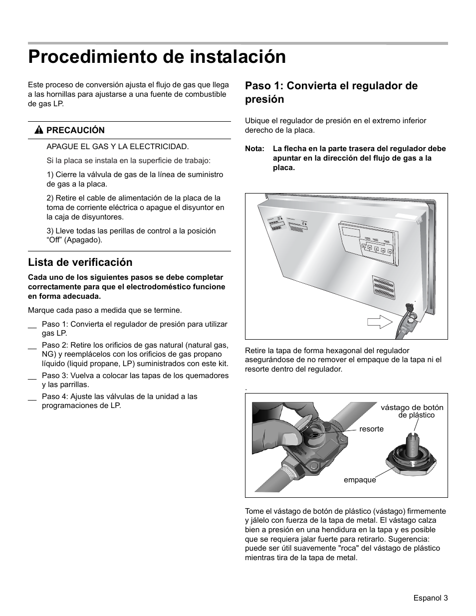 Procedimiento de instalación, Lista de verificación, Paso 1: convierta el regulador de presión | Bosch NGM8055UC User Manual | Page 19 / 24