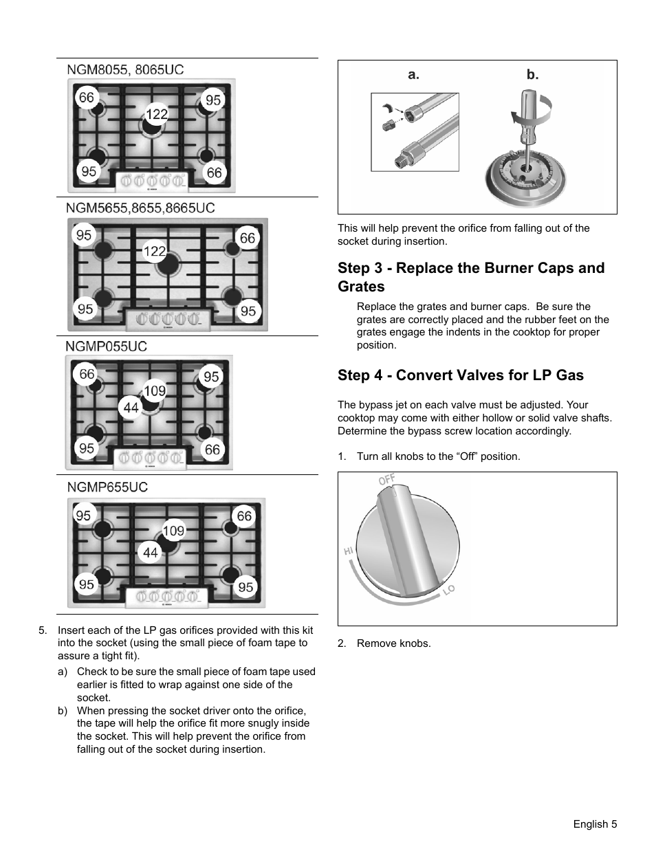 Step 3 - replace the burner caps and grates, Step 4 - convert valves for lp gas | Bosch NGM8055UC User Manual | Page 7 / 24