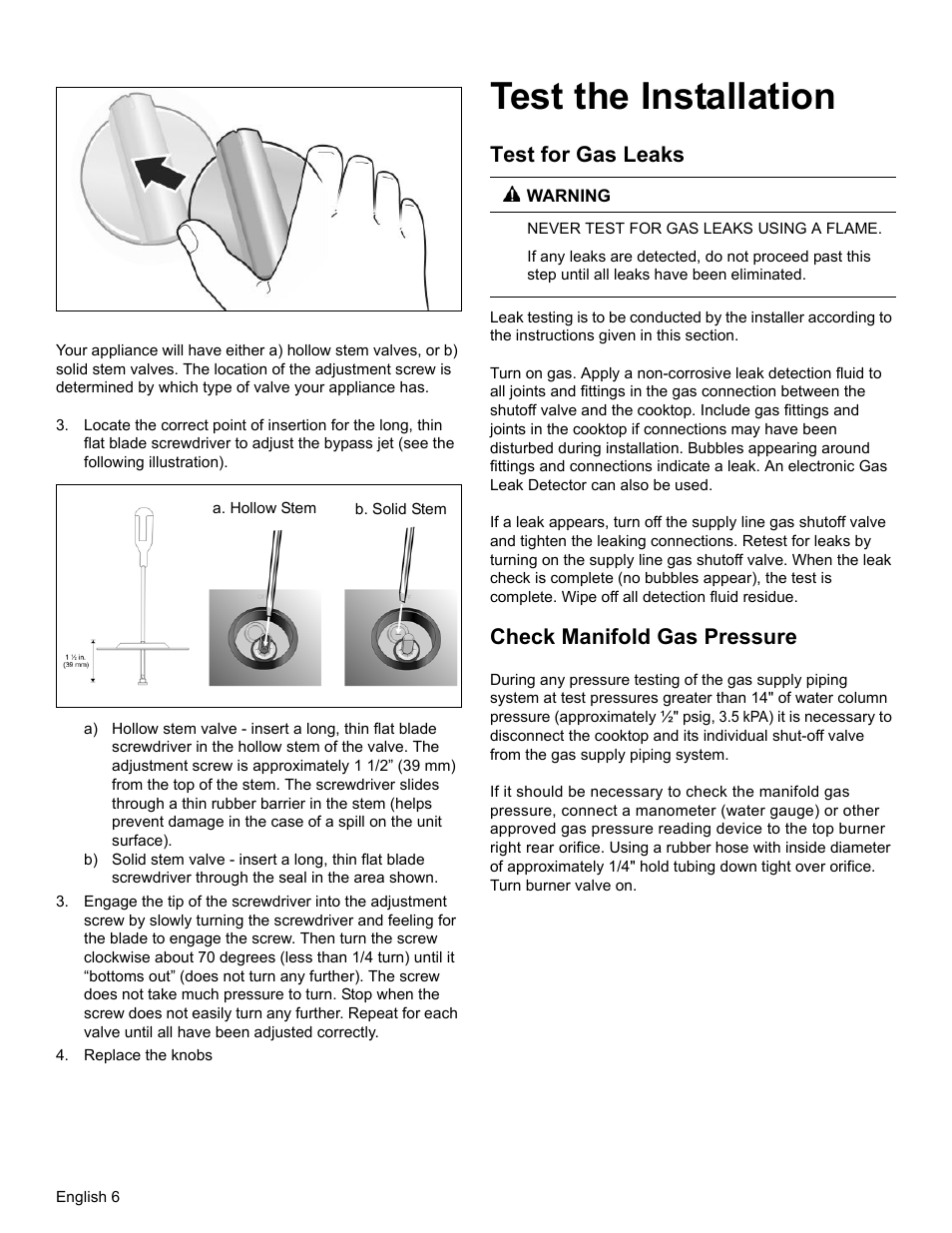 Test the installation, Test for gas leaks, Check manifold gas pressure | Bosch NGM8055UC User Manual | Page 8 / 24