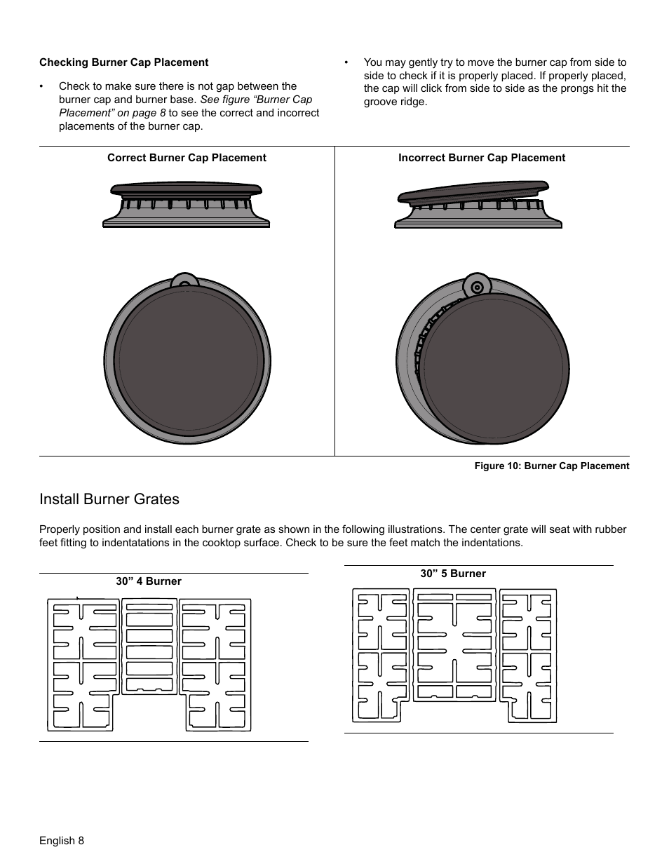 Install burner grates | Bosch NGM8655UC User Manual | Page 10 / 36