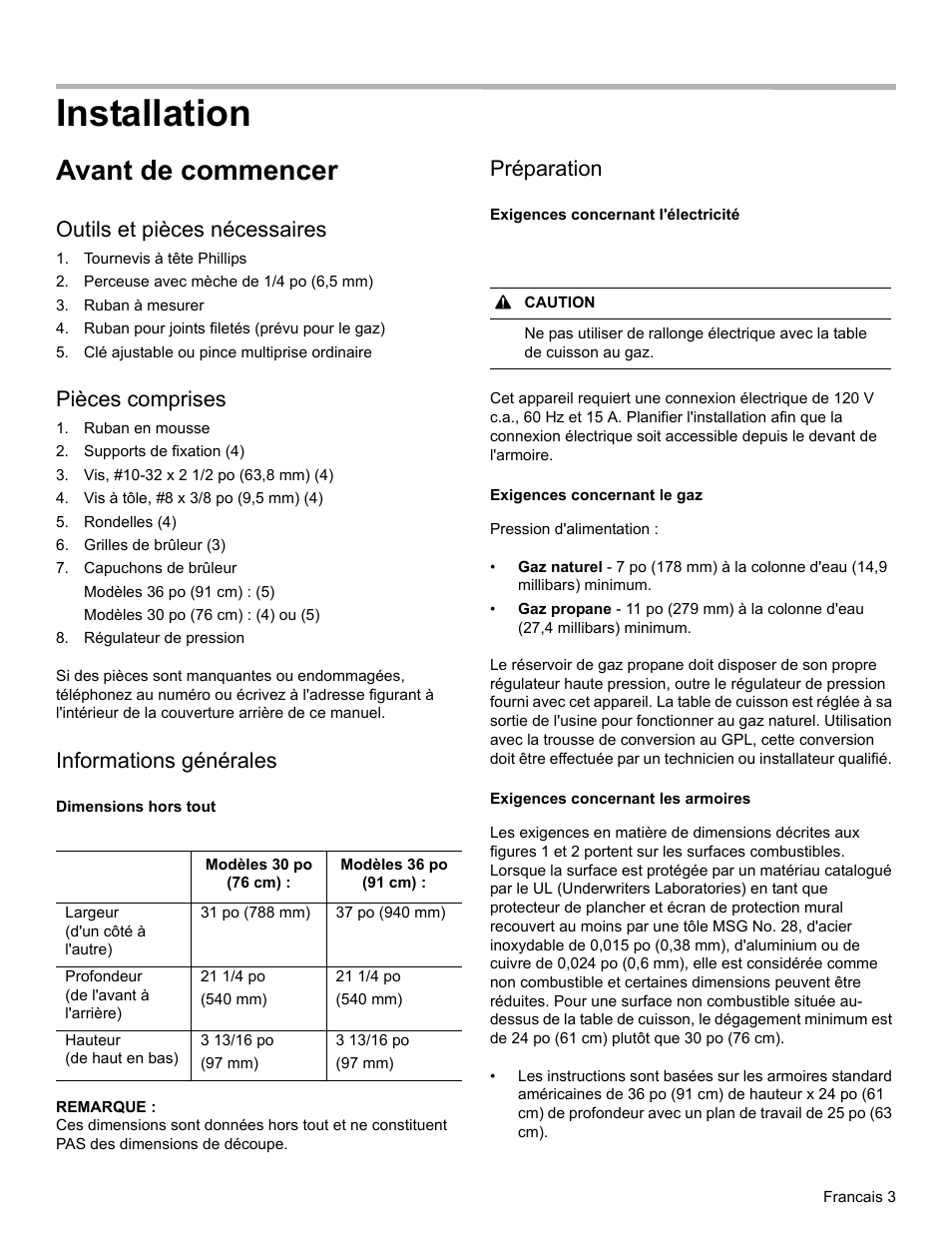 Installation, Avant de commencer, Outils et pièces nécessaires | Pièces comprises, Informations générales, Préparation | Bosch NGM8655UC User Manual | Page 17 / 36