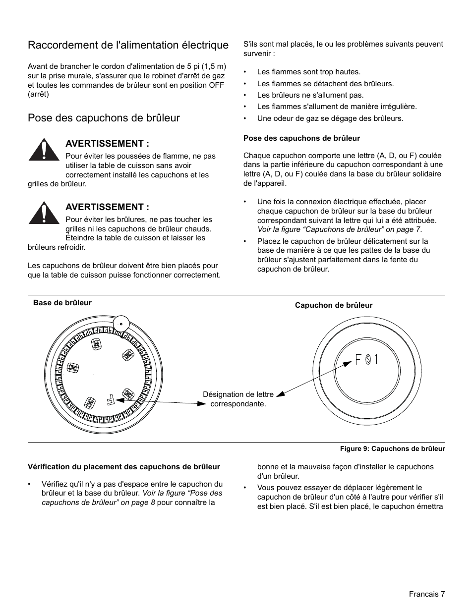 Raccordement de l'alimentation électrique, Pose des capuchons de brûleur | Bosch NGM8655UC User Manual | Page 21 / 36