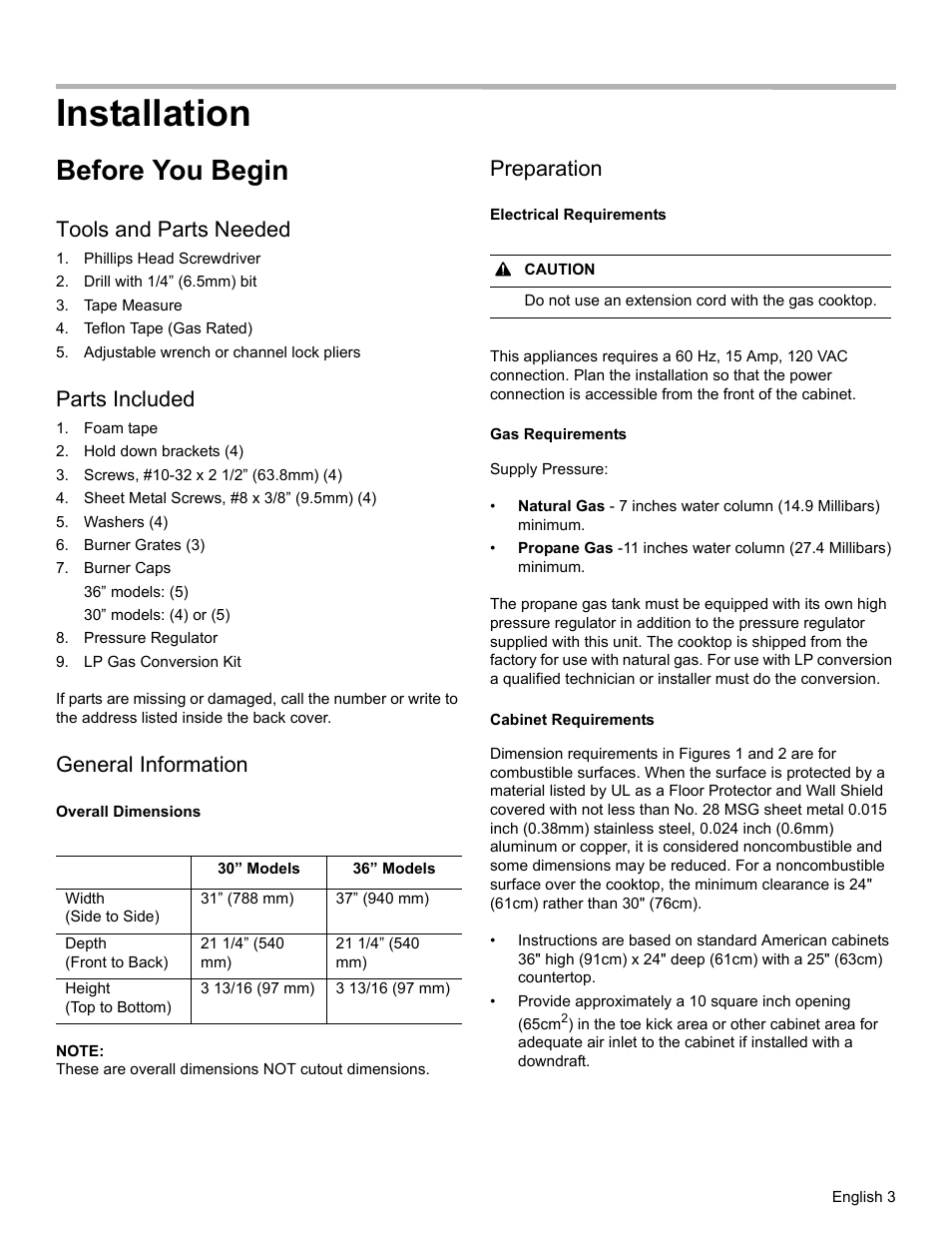 Installation, Before you begin, Tools and parts needed | Parts included, General information, Preparation | Bosch NGM8655UC User Manual | Page 5 / 36