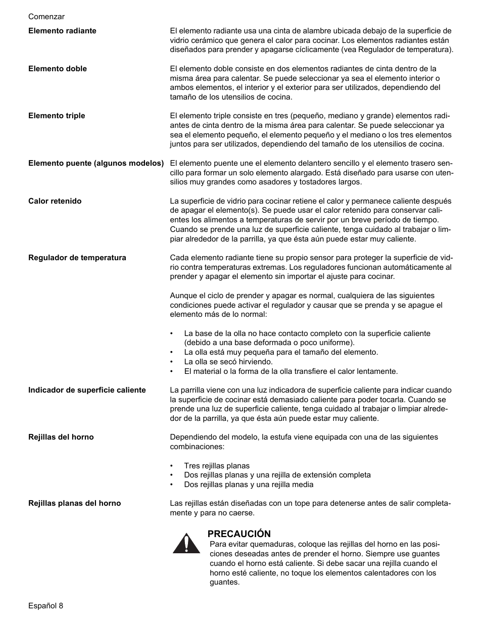 Elemento radiante, Elemento doble, Elemento triple | Elemento puente (algunos modelos), Calor retenido, Regulador de temperatura, Indicador de superficie caliente, Rejillas del horno, Rejillas planas del horno | Bosch HES7282U User Manual | Page 106 / 148