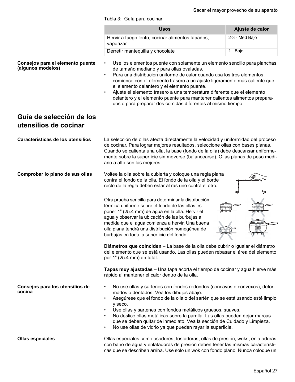 Consejos para el elemento puente (algunos modelos), Guía de selección de los utensilios de cocinar, Características de los utensilios | Comprobar lo plano de sus ollas, Consejos para los utensilios de cocina, Ollas especiales | Bosch HES7282U User Manual | Page 125 / 148