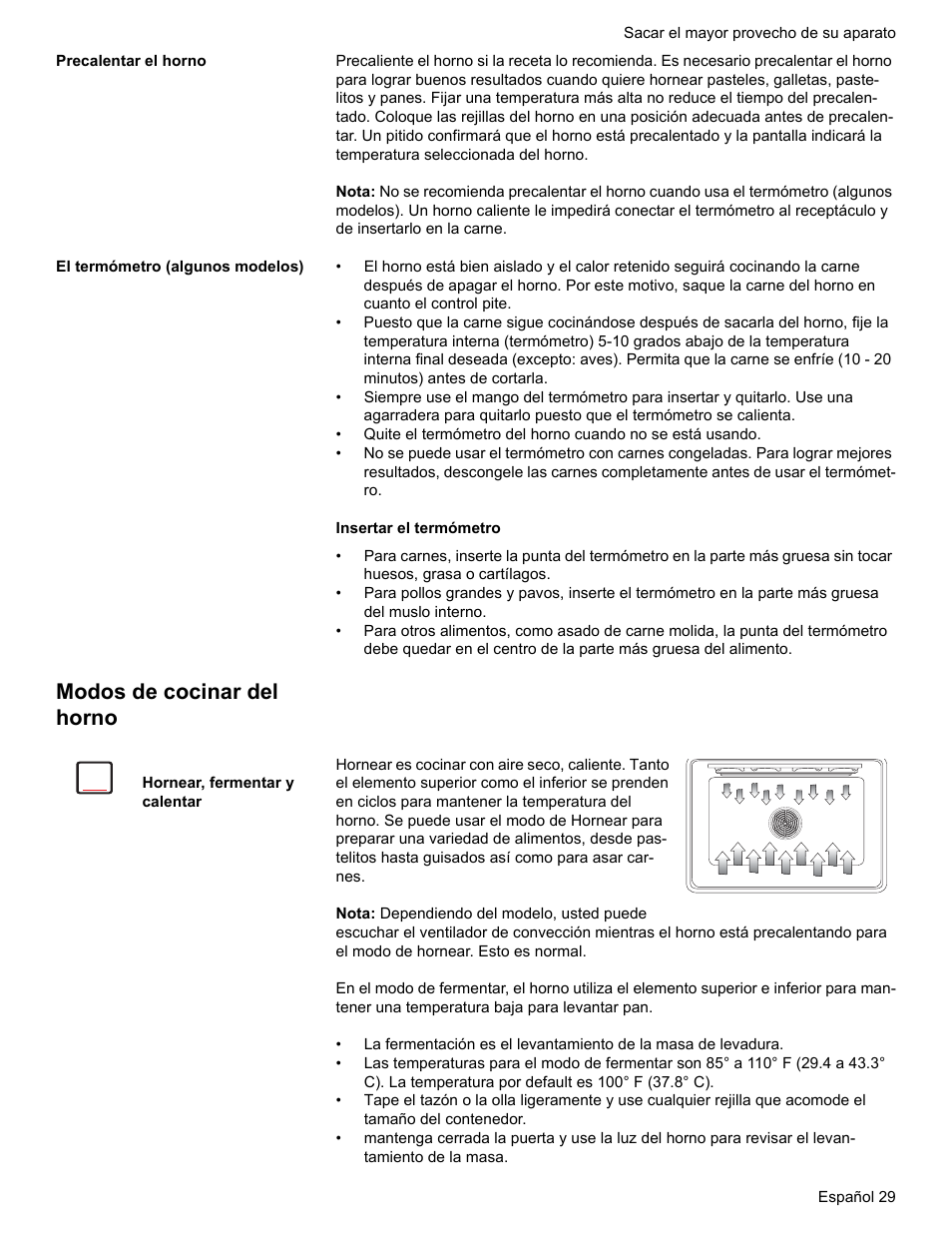 Precalentar el horno, El termómetro (algunos modelos), Modos de cocinar del horno | Hornear, fermentar y calentar | Bosch HES7282U User Manual | Page 127 / 148