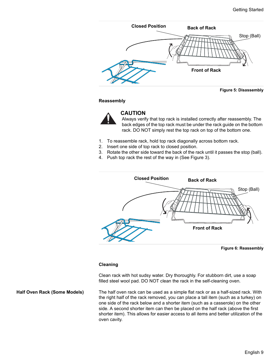 Figure 5: disassembly, Insert one side of top rack to closed position, Figure 6: reassembly | Half oven rack (some models) | Bosch HES7282U User Manual | Page 13 / 148