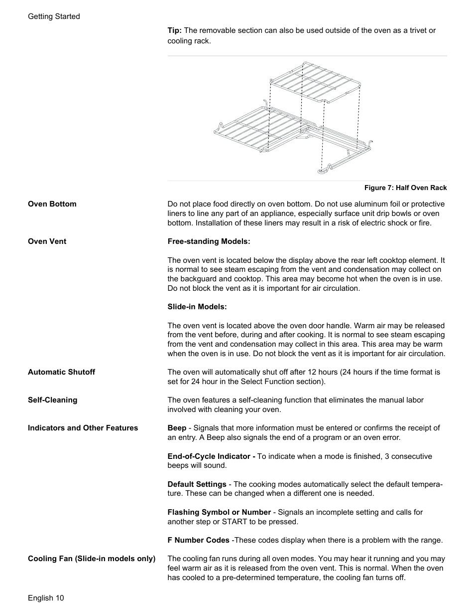 Figure 7: half oven rack, Oven bottom, Oven vent | Automatic shutoff, Self-cleaning, Indicators and other features, Cooling fan (slide-in models only) | Bosch HES7282U User Manual | Page 14 / 148