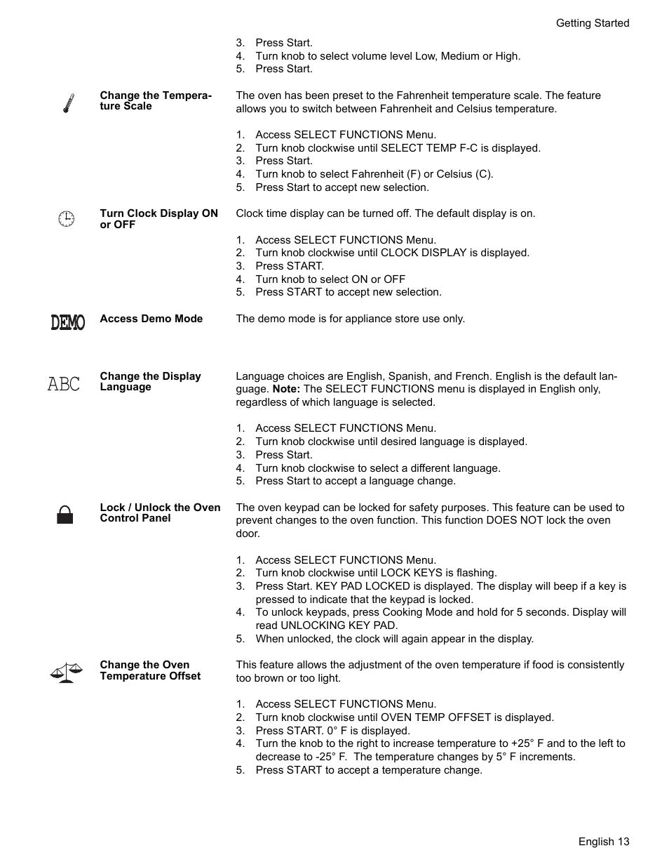 Press start, Change the temperature scale, Access select functions menu | Turn knob to select fahrenheit (f) or celsius (c), Press start to accept new selection, Turn clock display on or off, Turn knob to select on or off, Access demo mode, Change the display language, Turn knob clockwise to select a different language | Bosch HES7282U User Manual | Page 17 / 148