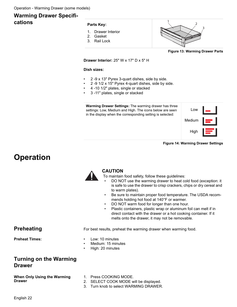 Warming drawer specifications, Drawer interior, Gasket | Rail lock, Figure 13: warming drawer parts, Figure 14: warming drawer settings, Operation, Preheating, Preheat times, Turning on the warming drawer | Bosch HES7282U User Manual | Page 26 / 148