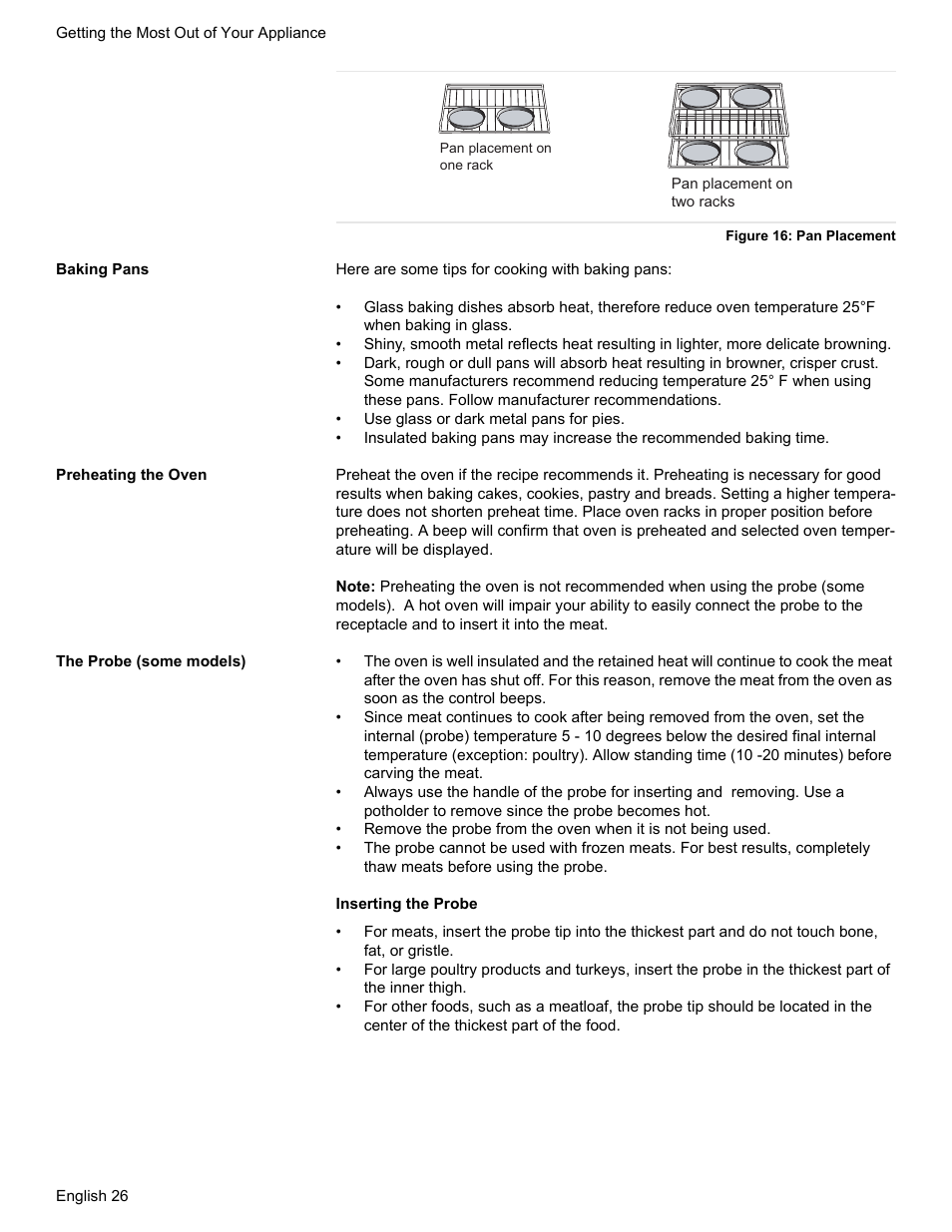 Figure 16: pan placement, Baking pans, Preheating the oven | The probe (some models) | Bosch HES7282U User Manual | Page 30 / 148