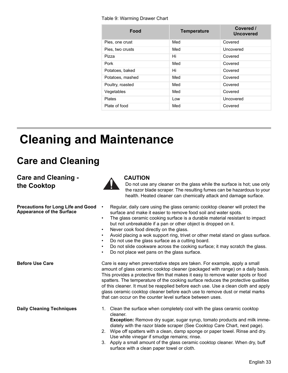 Cleaning and maintenance, Care and cleaning, Care and cleaning - the cooktop | Before use care, Daily cleaning techniques | Bosch HES7282U User Manual | Page 37 / 148